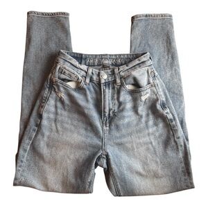 American Eagle Light Wash Denim Straight Leg Stretch Pre-Ripped Jeans 22” Waist